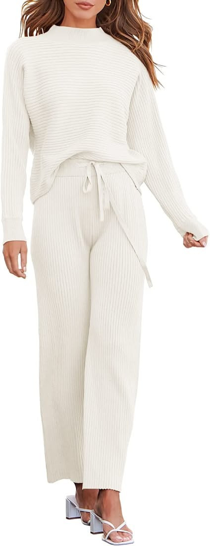 ANRABESS Women's Two Piece Outfits Batwing Long Sleeve Crop Top & Ribbed Knit Wide Leg Pants Loun... | Amazon (US)