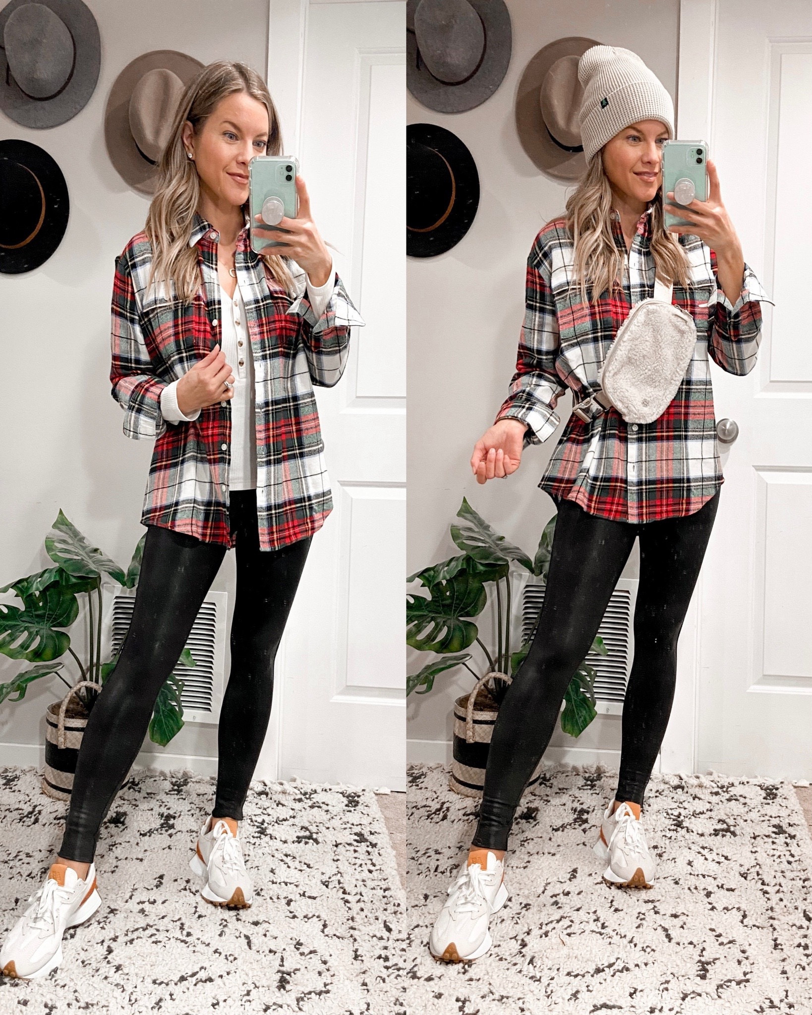 Adorable white and red tartan flannel top - perfect for the holidays! You can wear it casual (as seen here), or dress it up! Currently 50% off for Black Friday. (THIS TOP SOLD OUT LAST YEAR… don’t miss it again!) *The Spanx Faux Leather Leggings are also on sale!!!*

#LTKfindsunder50 #LTKover40 #LTKHoliday