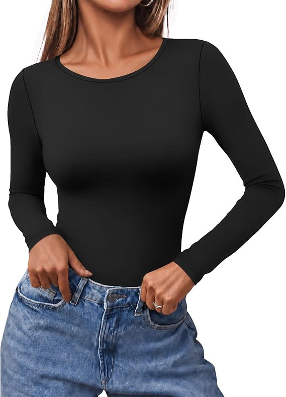 Ekouaer Long Sleeve Shirts for Women Scoop Neck Tight Slim Basic Fitted Top | Amazon (US)
