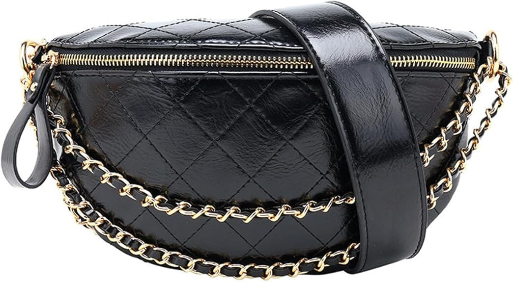 Leather Fanny Pack for Women Crossbody, Dressy Belt Bag with Gold Chain - Black Luxury Waist Purs... | Amazon (US)