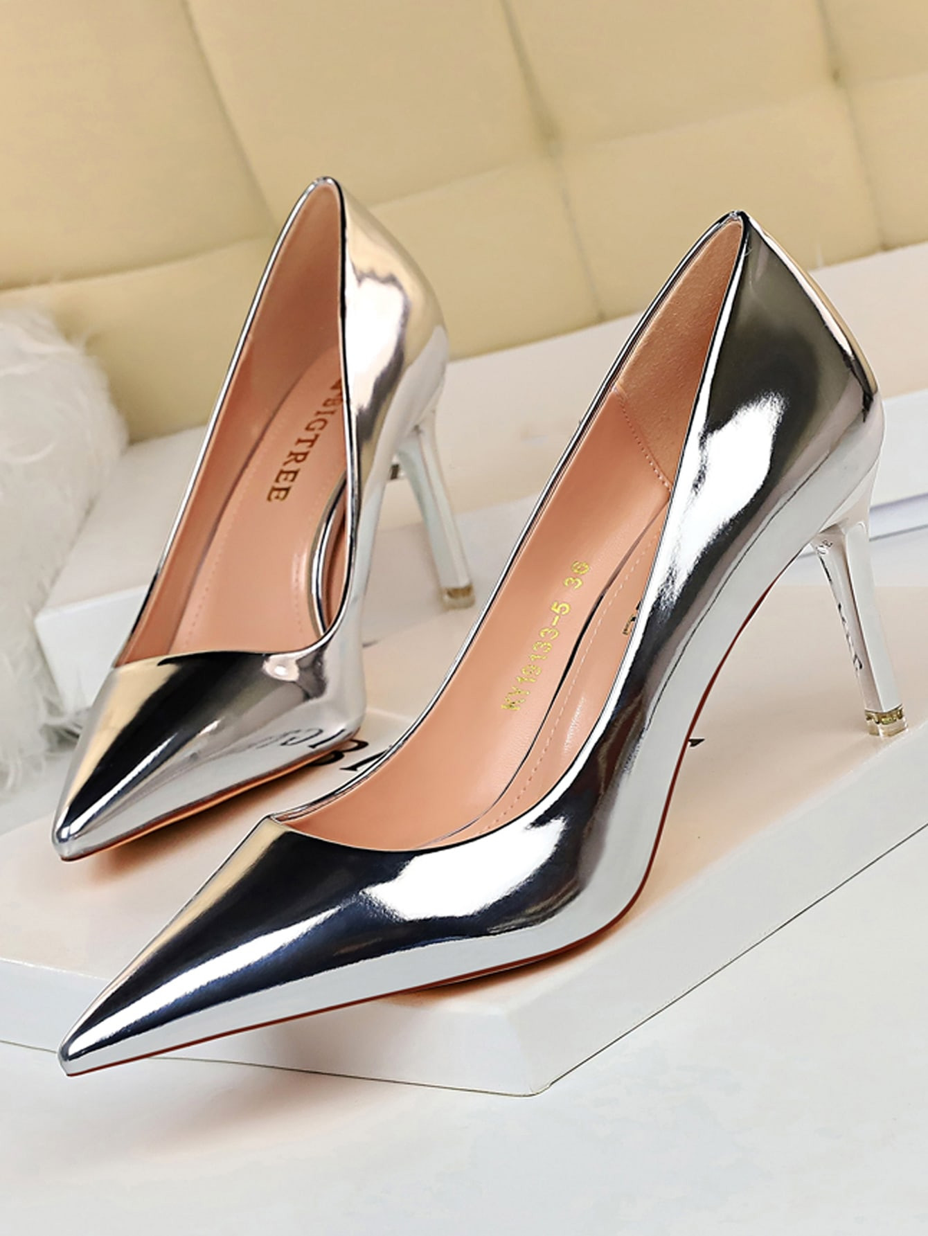 Women Metallic Point Toe Stiletto Heeled Pumps, Glamorous Party Artificial Patent Leather Court P... | SHEIN