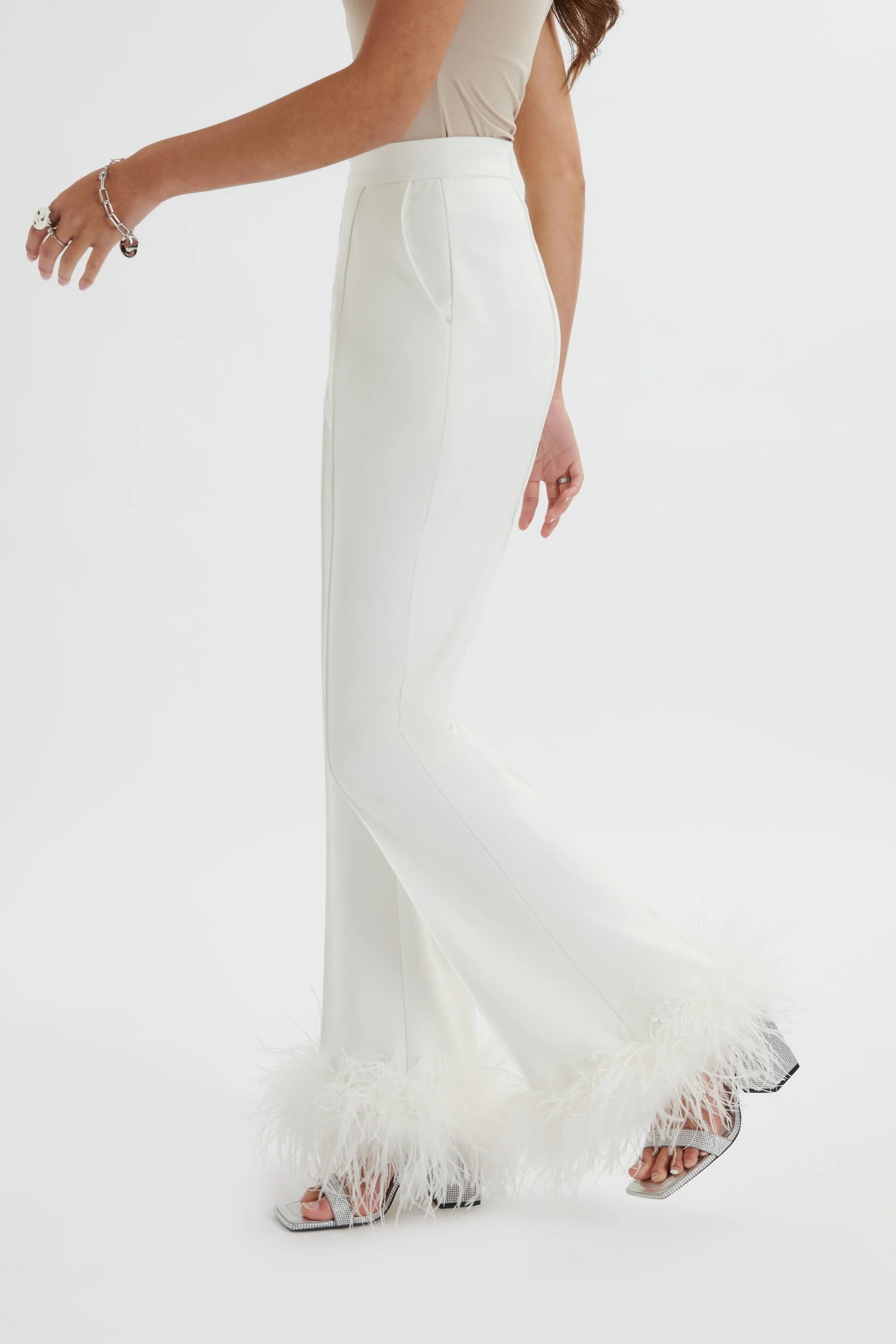 NAHLA Fit & Flare Trouser With Feather Hem In White | Lavish Alice Retail Ltd