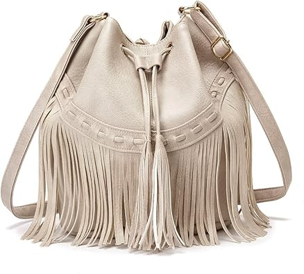 Leather Bucket Bags for Women Crossbody Fringe Purses with Drawstring Ladies Tassel Hobo and Shou... | Amazon (US)