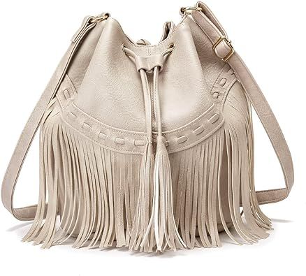 Leather Bucket Bags for Women Crossbody Fringe Purses with Drawstring Ladies Tassel Hobo and Shou... | Amazon (US)