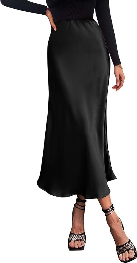 PRETTYGARDEN Women's Summer Midi Satin Skirt Dressy Casual High Waisted A Line Flowy Ruffle Elega... | Amazon (US)