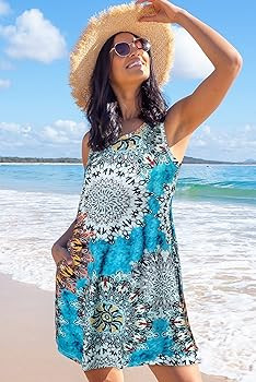 Summer Dresses for Women Beach Floral Tshirt Sundress Sleeveless Pockets Casual Loose Tank Dress | Amazon (US)