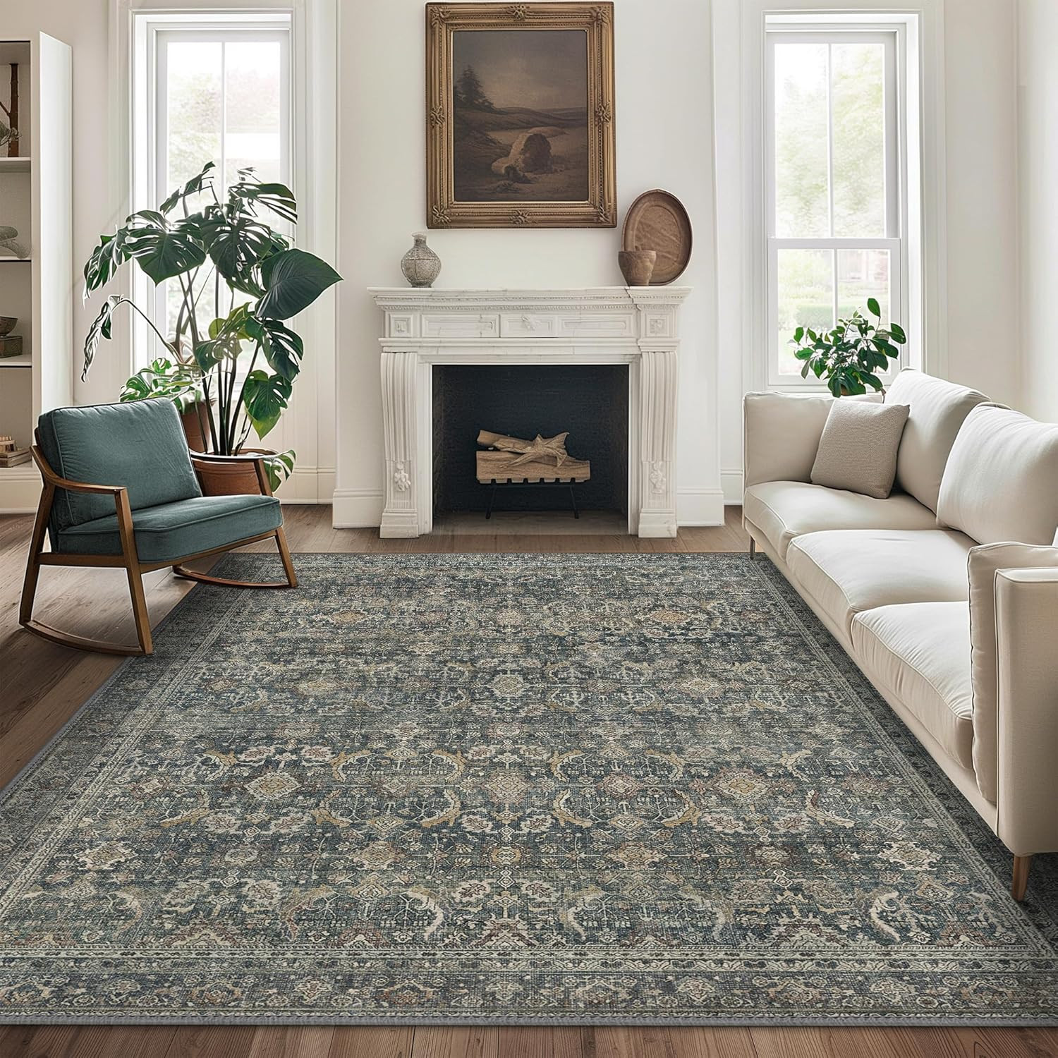 8X10 Area Rugs Machine Washable Rugs for Living Room, Vintage Boho Large Rugs for Bedroom Dining Room, Non Slip Indoor Soft Distressed Lightweight Thin Low Pile Carpet, Deep | Amazon (US)