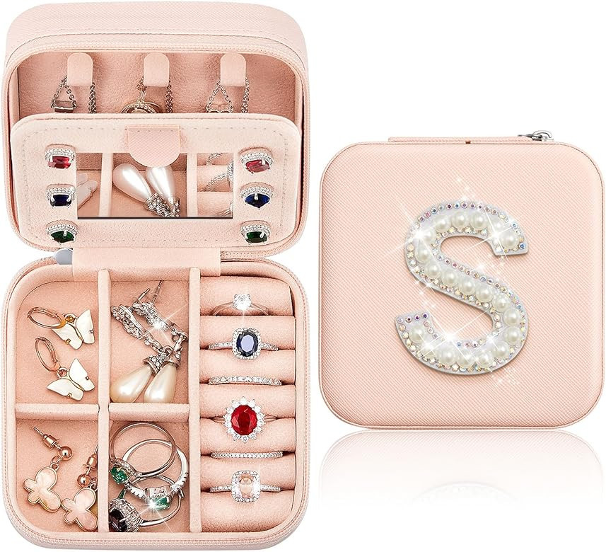 Sweetude Travel Jewelry Box Initial Jewelry Case Mini Pink Jewelry Organizer with Mirror Travel R... | Amazon (US)
