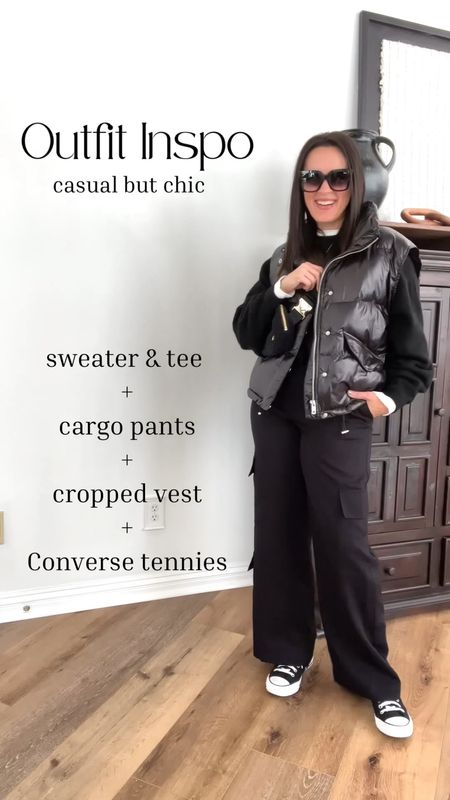 Casual but chic look!

Sizing:
Pants-size up for a looser fit. I am a 6 but did an 8.
Sweater-low in stock. Linked exact but also linked lots of black sweater options. 
Shoes-tts
Vest-exact vest from H&M sold out, but linked Amazon version I have too. Wearing medium. 

Casual outfit | black outfit -| all black | monochromatic look | converse | chuck Taylor’s | cargo pants | 

#LTKunder100 #LTKunder50 #LTKstyletip