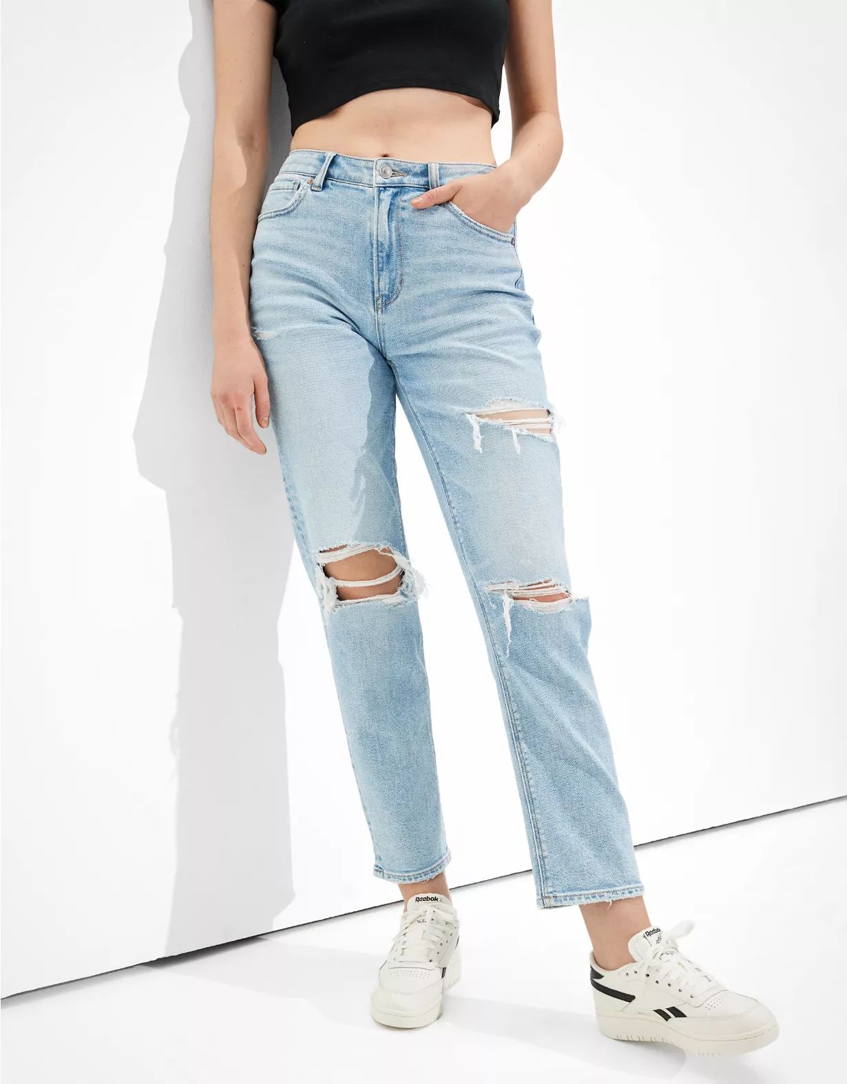 AE Stretch Ripped Mom Straight Jean | American Eagle Outfitters (US & CA)