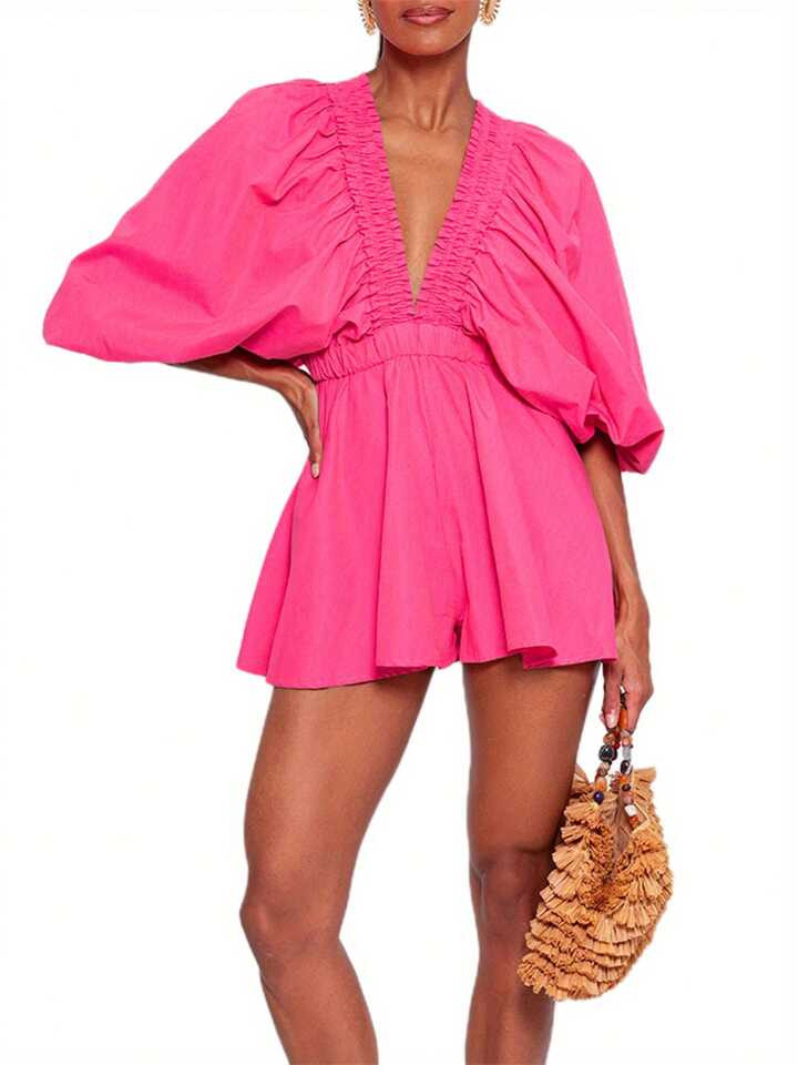 Women Deep V-Neck Rompers Solid Color/Plaid Bubble Sleeve Summer Short Jumpsuits Playsuits Street... | SHEIN