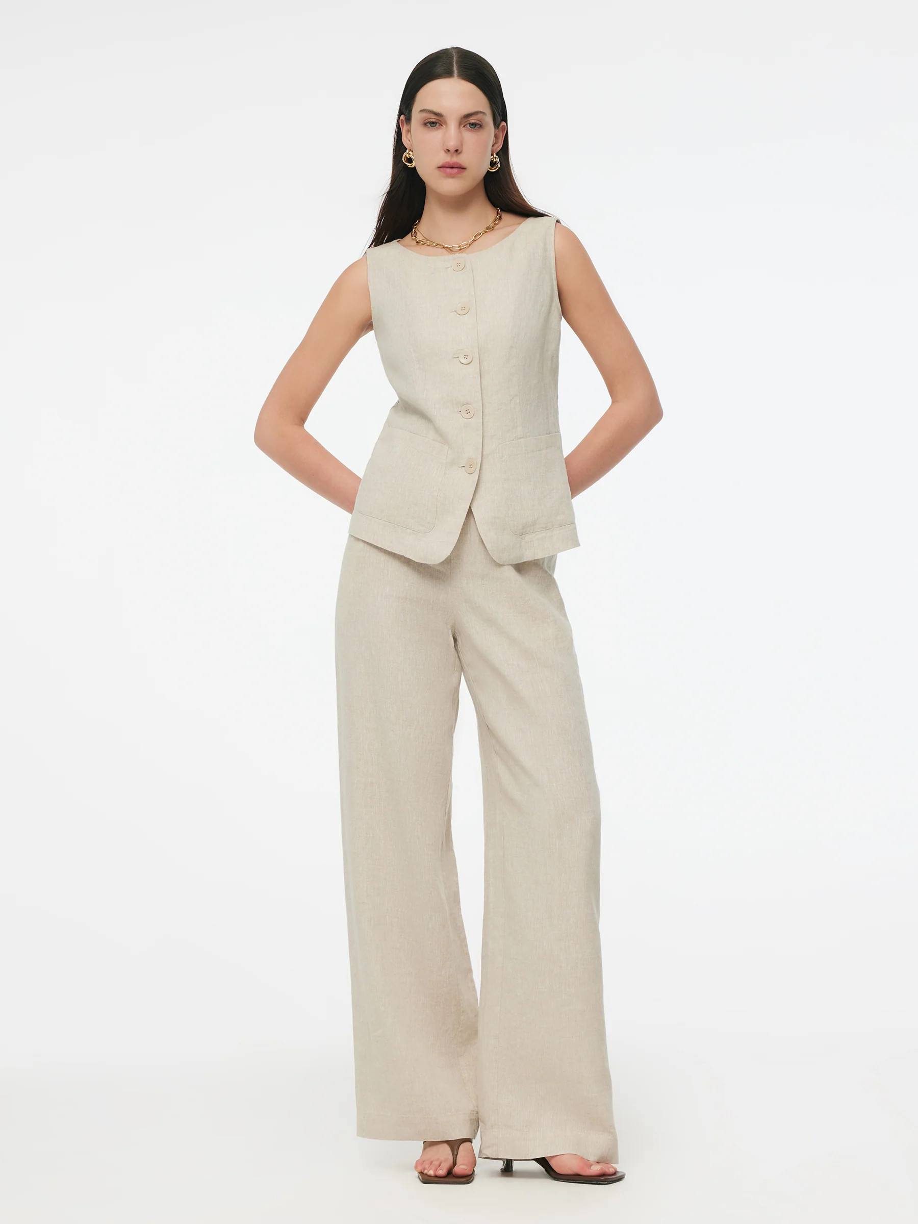 100% Linen Vest And Pants Two-Piece Set - Cream / M | GOELIA