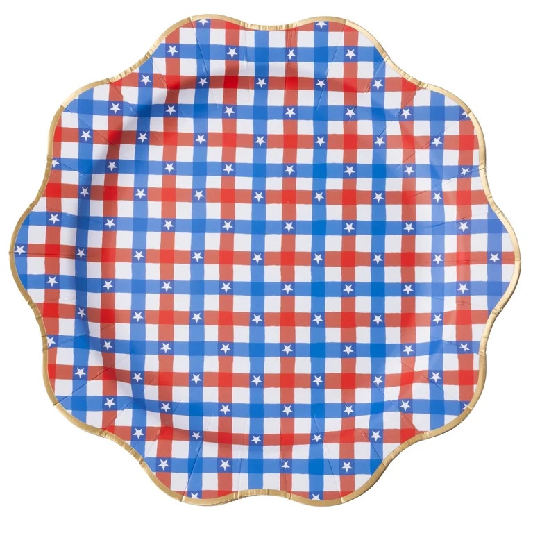 Bonjour F\u00eate Red & Blue Star Gingham Dinner Plates, Disposable Paper Party Plates, Pack of 8... | Walmart (US)