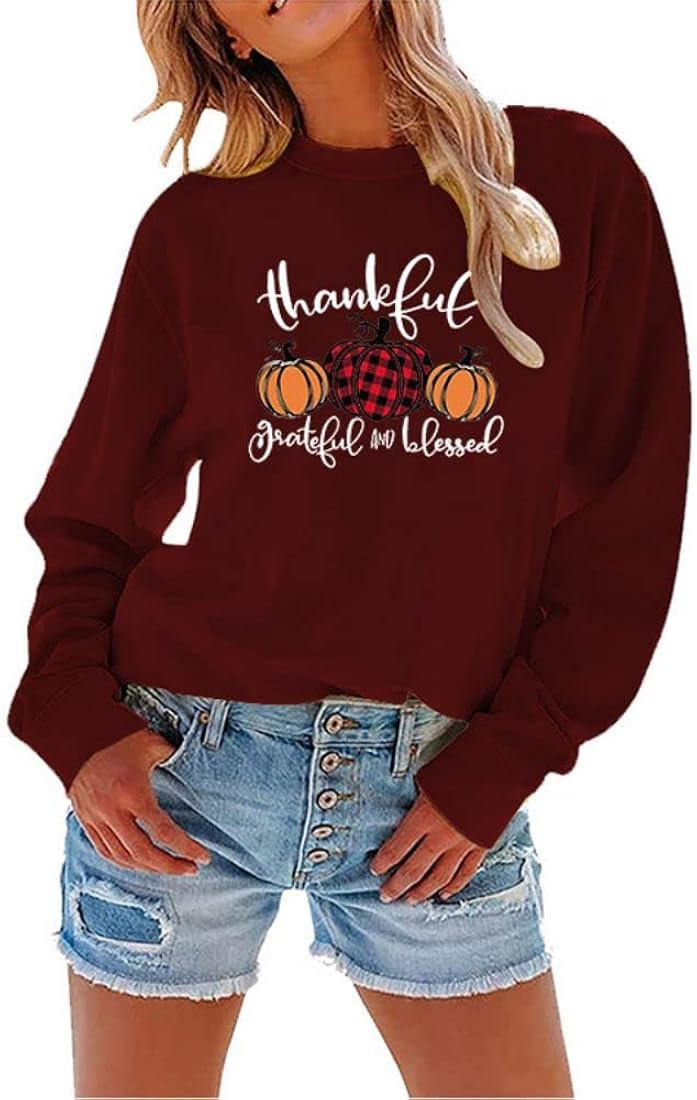 Thankful Grateful And Blessed Sweatshirt Halloween Shirts Women Pumpkins Crewneck Fall Tops Oversize | Amazon (US)