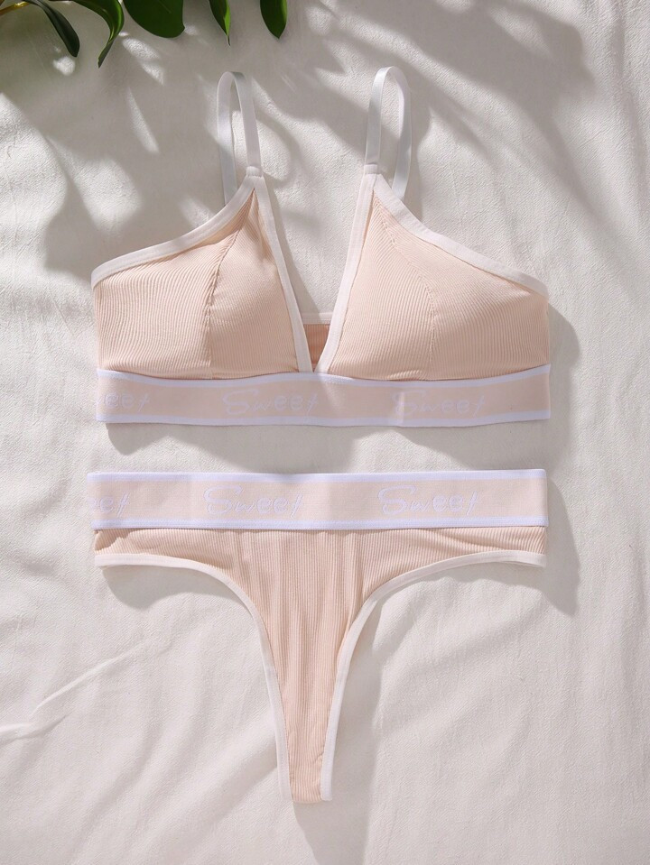 Yoga Letter Graphic Contrast Binding Bra & Panty Set | SHEIN