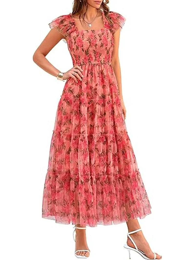 PRETTYGARDEN Women's Midi Tulle Dress Sleeveless Smocked Square Neck Ruffle Flowy Party Wedding G... | Walmart (US)