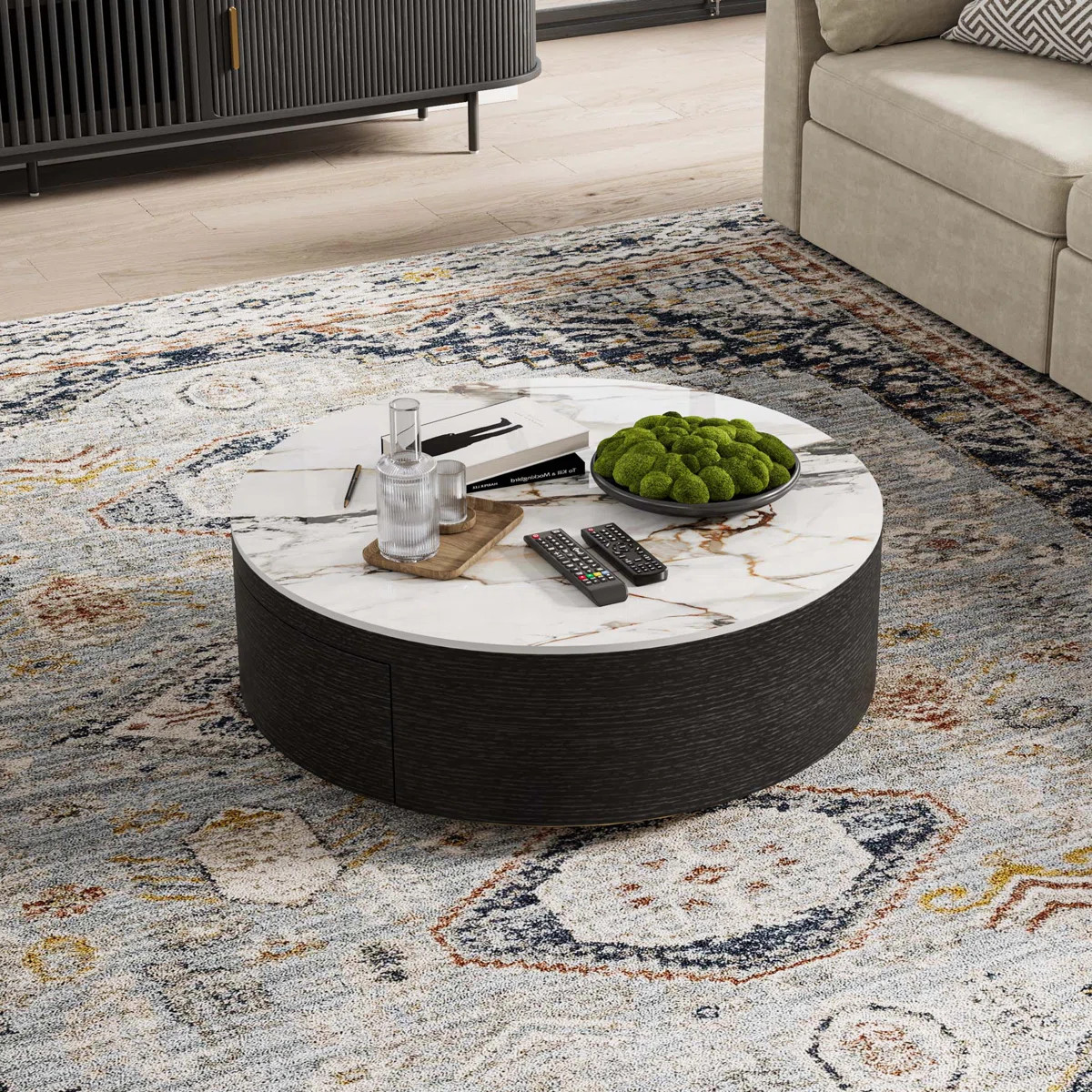 Daniel-Jack Drum Coffee Table, Sintered Stone Top, 2 Solid Wood Drawers, Fully-Assembled | Wayfair North America
