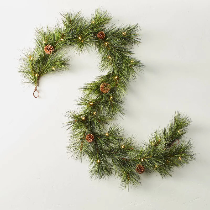 6' Pre-Lit LED Needle Pine with Pinecones Seasonal Faux Garland Green/Brown - Hearth & Ha... | Target
