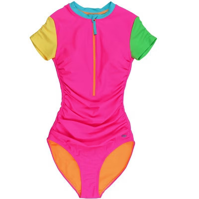 RuffleButts UPF50+ Women's Quarter Zip Short Sleeve One Piece Rash Guard Swimsuit - Neon Color Block, Women's XL | Target