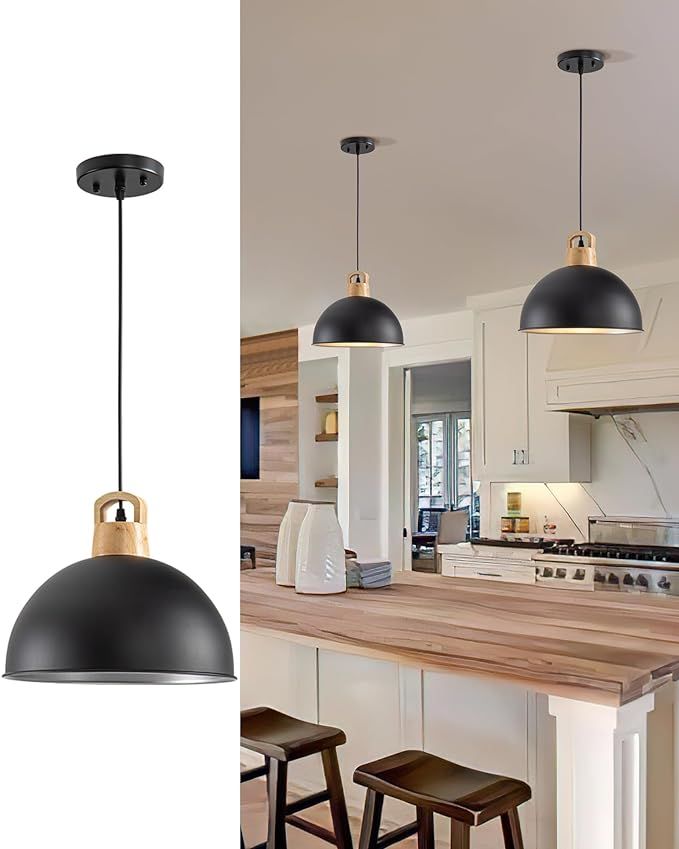 Karjearl Farmhouse Pendant Light, 11.8" Black Pendant Lighting for Kitchen Island Modern Dome Pen... | Amazon (US)