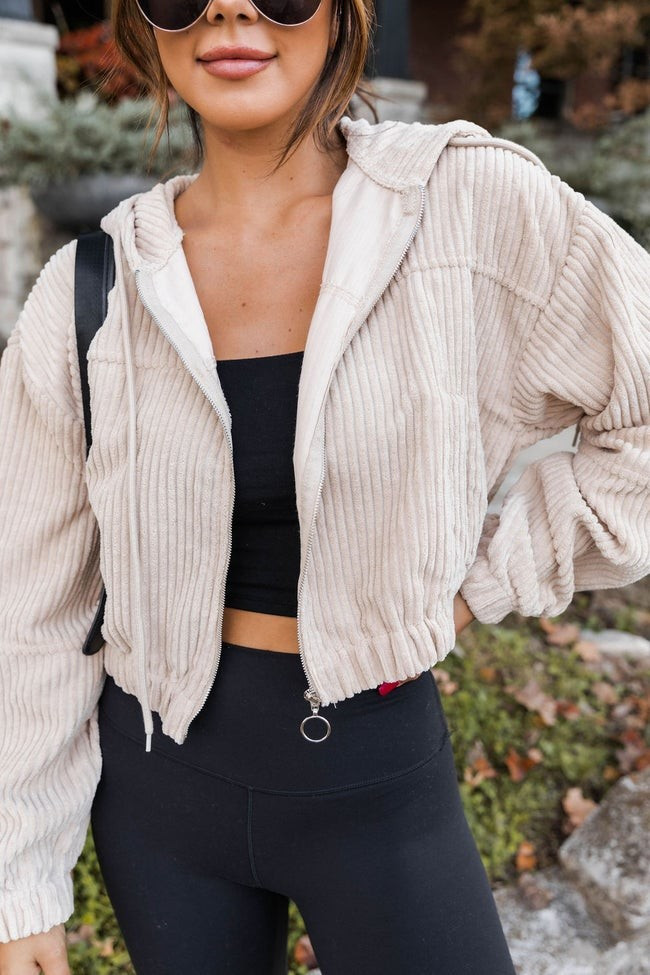 Big Plans Beige Hooded Crop Cord Jacket | The Pink Lily Boutique
