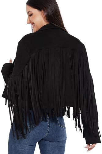 Fahsyee Women's Fringe Leather Jackets - Suede Faux Motocycle Biker Cropped Coat Vegan Blazer Pleather Fashion Tassel Black S | Amazon (US)