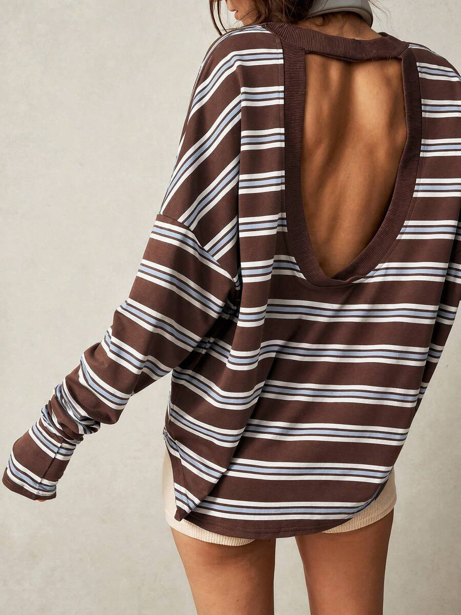 Bohemela Casual Streetwear Knit Striped Loose Fit Women's Sweatshirt Daytime Night Brown Striped ... | SHEIN