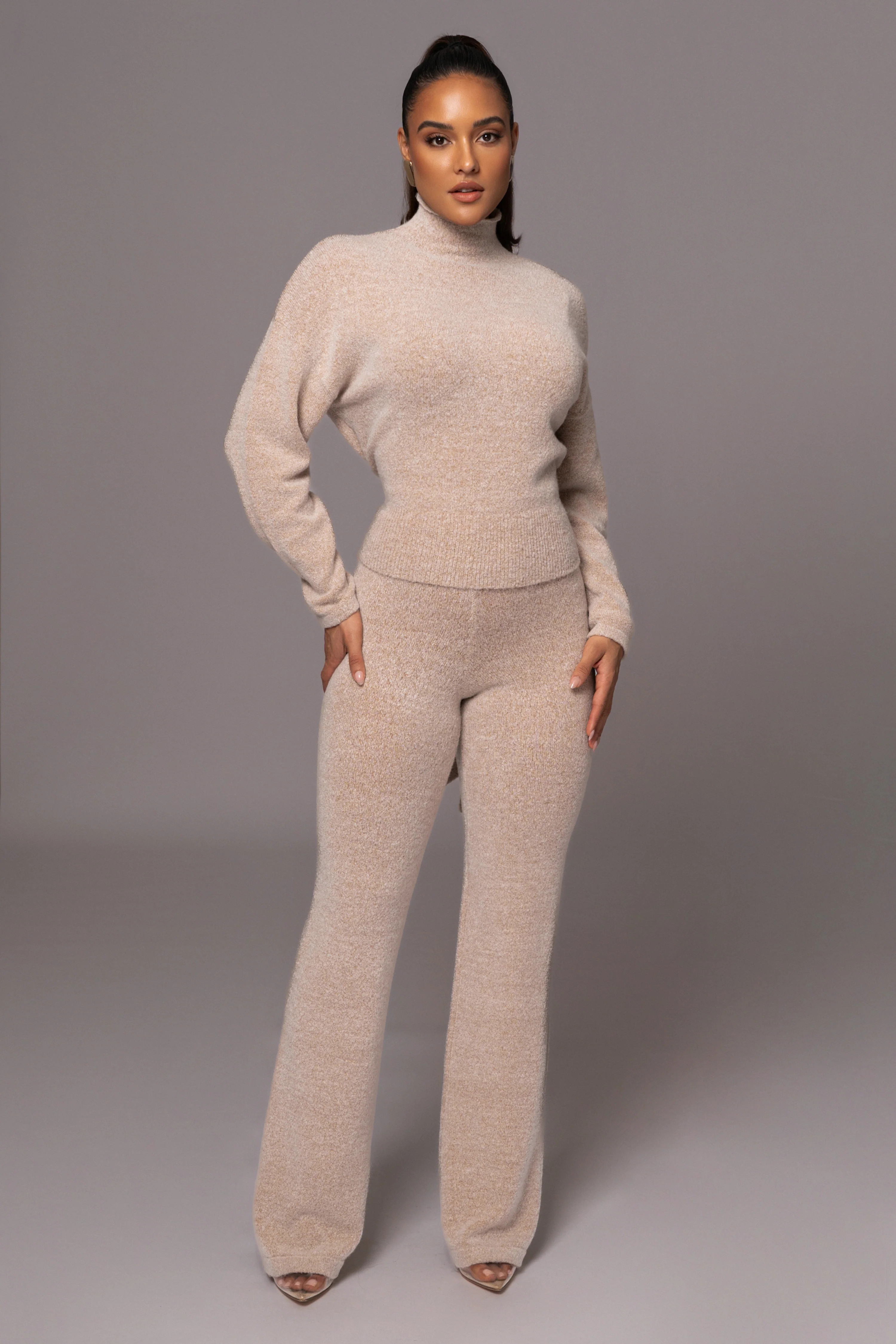 Beige Ivy Sweater Knit Pant Set | JLUXLABEL