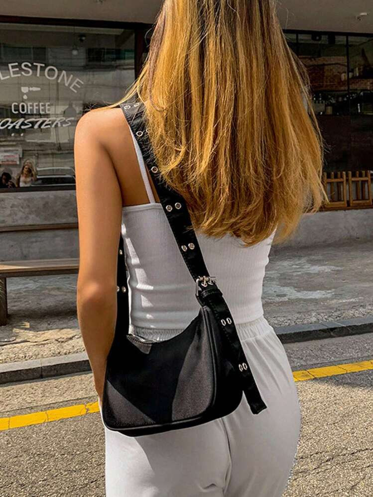 Casual Rivet Decor Nylon Shell Bag, Adjustable Strap Underarm Bag Small Crossbody Bag For Women, Zipper Closure Purse For Everyday | SHEIN