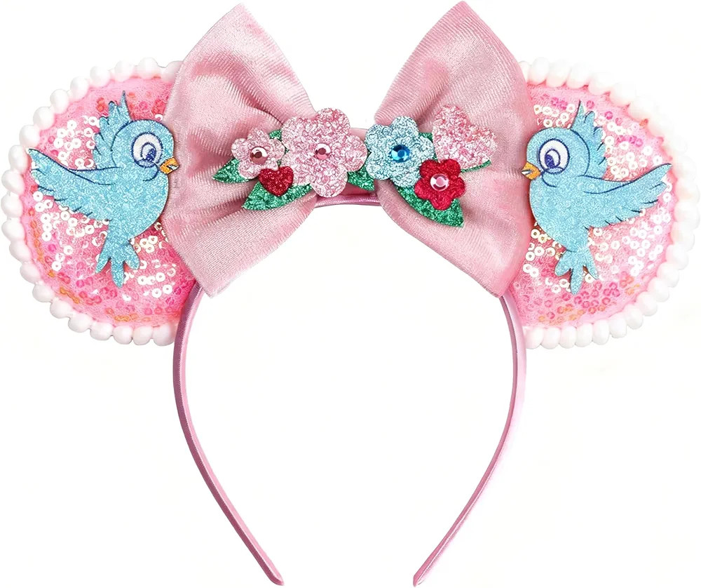 bianbaistar Pink Sequined Mouse Ear Headband with Pumpkin Coach & Blue Birds - Theme Parks and Pa... | Amazon (US)