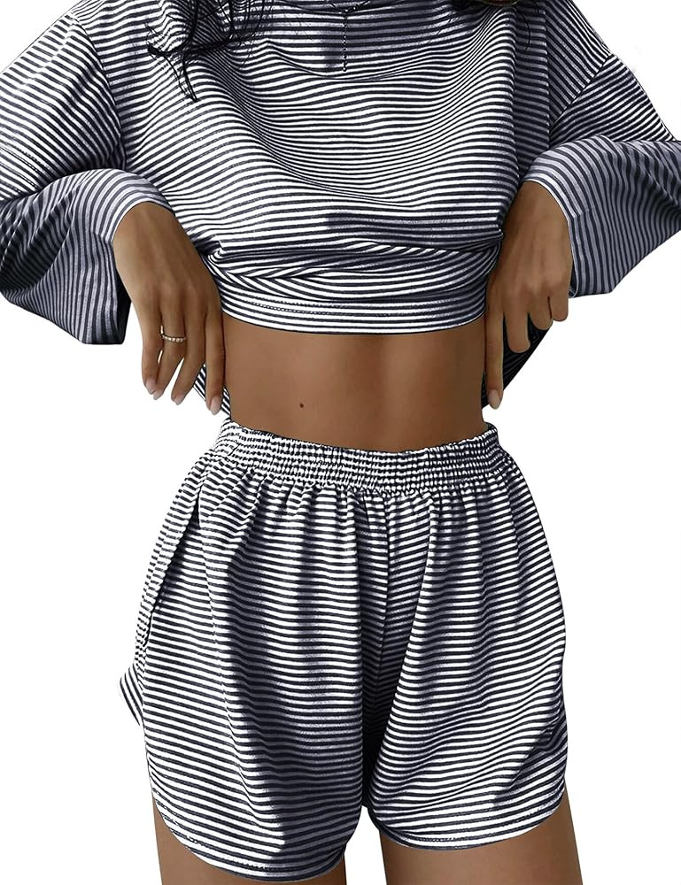 Kistore Womens 2 Piece Pajama Sets Long Sleeve Top and Shorts Sleepwear Pjs Lounge Matching Split... | Amazon (US)