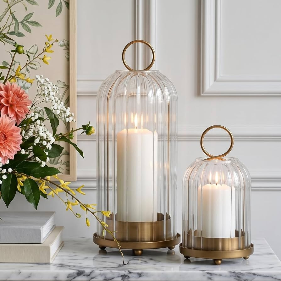 5" & 4" Metal Candle Holder with Ribbed Glass Candle Lanterns Set of 2, Vintage Windproof Hurrica... | Amazon (US)