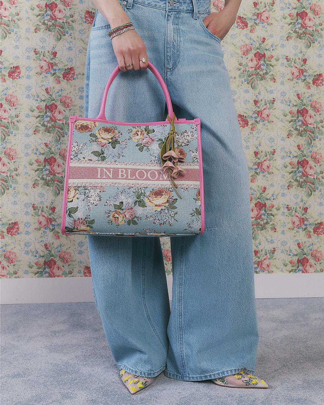 Blue Floral Jacquard Medium Tote Bag | River Island UK & IE