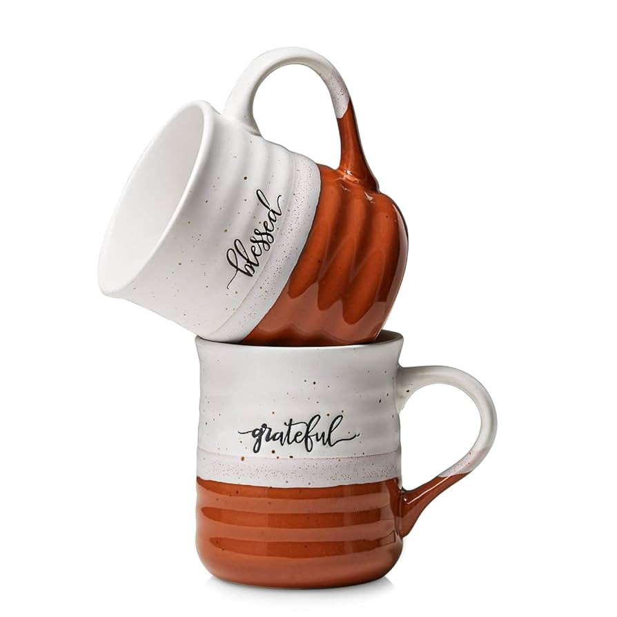 DOWAN 18 oz Large Coffee Mugs, Ceramic Mug Set with Word Blessed Grateful, Big Tea Cup for Office... | Amazon (US)