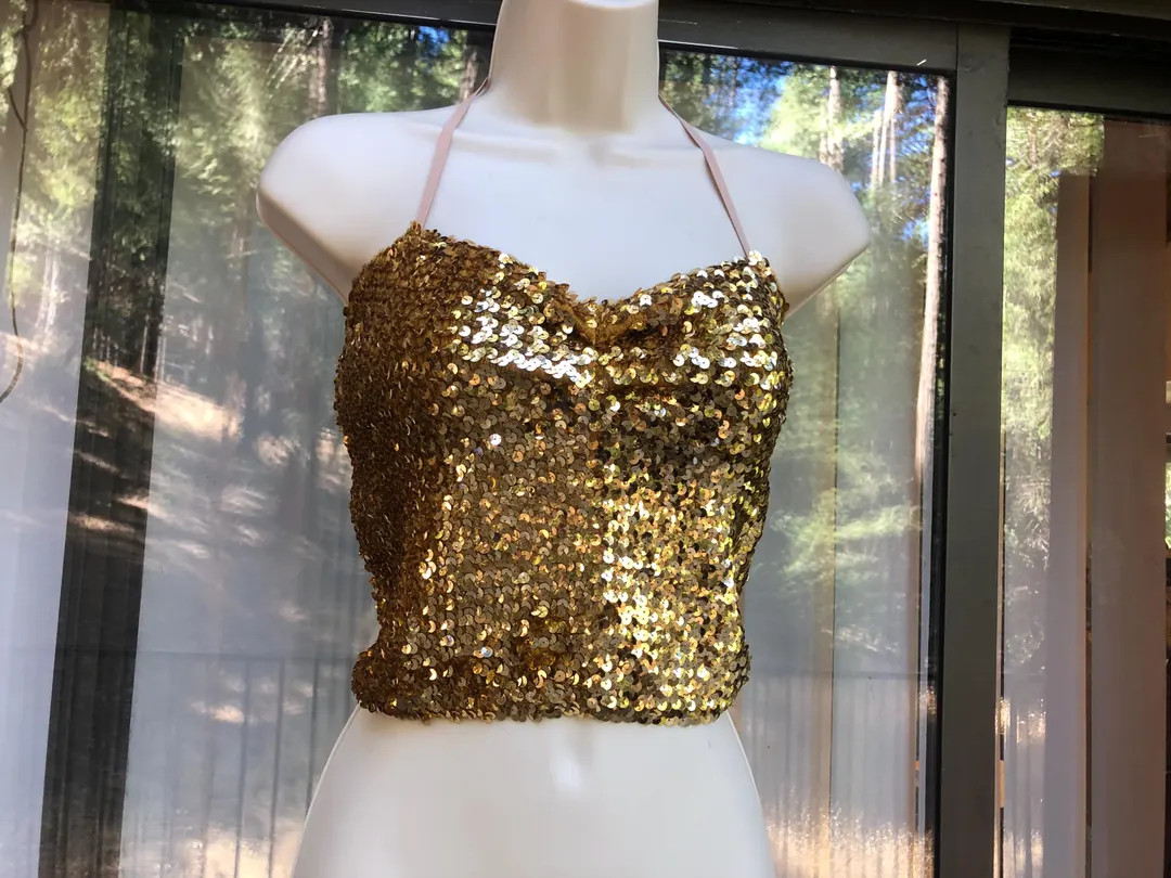 Vintage Stretchy L Large Sequined Gold Tube Top Shirt Disco Fever Sparkly 1970s 70s 80s 1980s Spa... | Etsy (US)