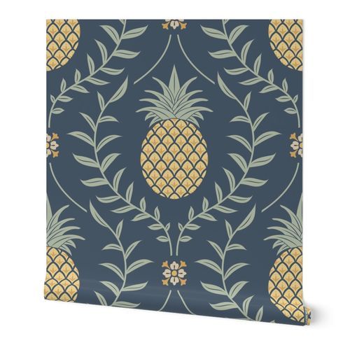 Pineapple leaves elegant damask wallpaper in Newbury Port Blue Large | Spoonflower