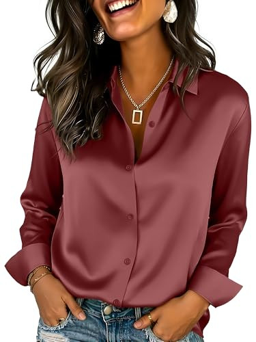 JMITHA Womens Dressy Satin Silk Button Down Casual Shirts V Neck Long Sleeve Blouses Business Work Tops (X-Small, Reddish Brown) | Amazon (US)