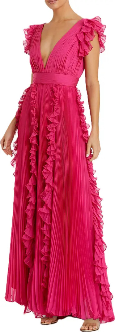 Pleated Ruffle Cap Sleeve Flowy A Line Gown | Nordstrom