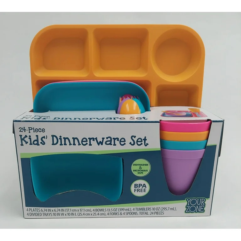 Your Zone 24 Piece Plastic Dinnerware Set for Kids with 4 Each Trays, Bowls, Plates, Cups, Forks ... | Walmart (US)
