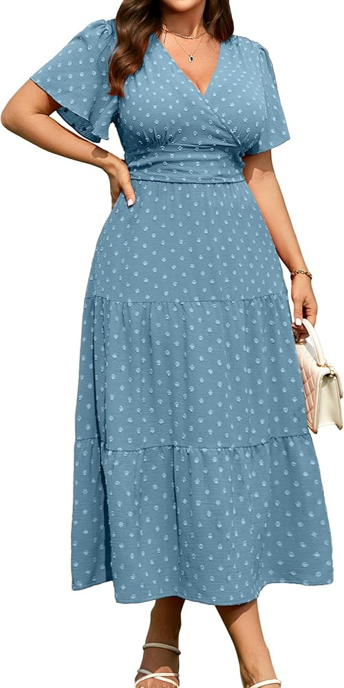 RWJ Women's Plus Size Wrap V Neck Dress Summer Short Sleeve Swiss Dot Empire Waist Casual Holiday... | Amazon (US)