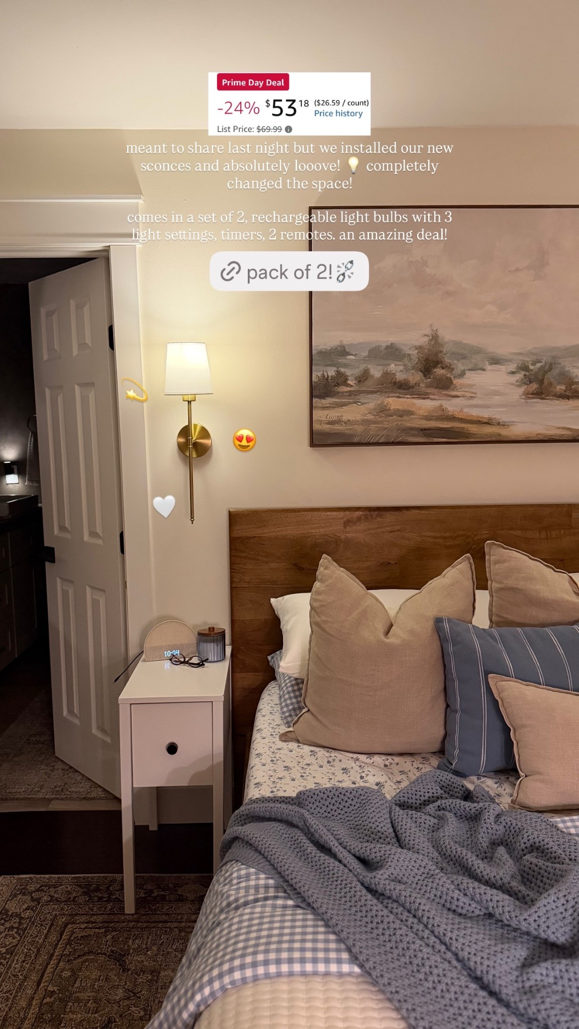 meant to share last night but we installed our new sconces and absolutely looove! 💡 completely changed the space! 😍 💫 🤍 comes in a set of 2, rechargeable light bulbs with 3 light settings, timers, 2 remotes. an amazing deal!