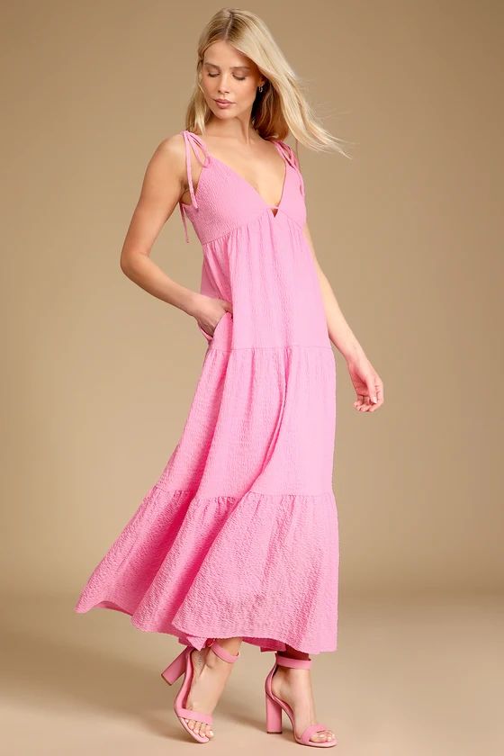 Let the Sun Beam Pink Tie-Strap Tiered Midi Dress With Pockets | Lulus (US)