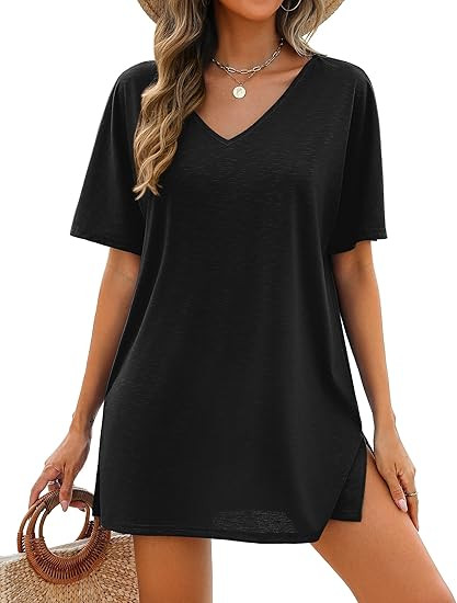AI'MAGE Women's Swimsuit Coverup Short Sleeve Bathing Suit Cover Up Casual T-Shirt Dress Loose Be... | Amazon (US)