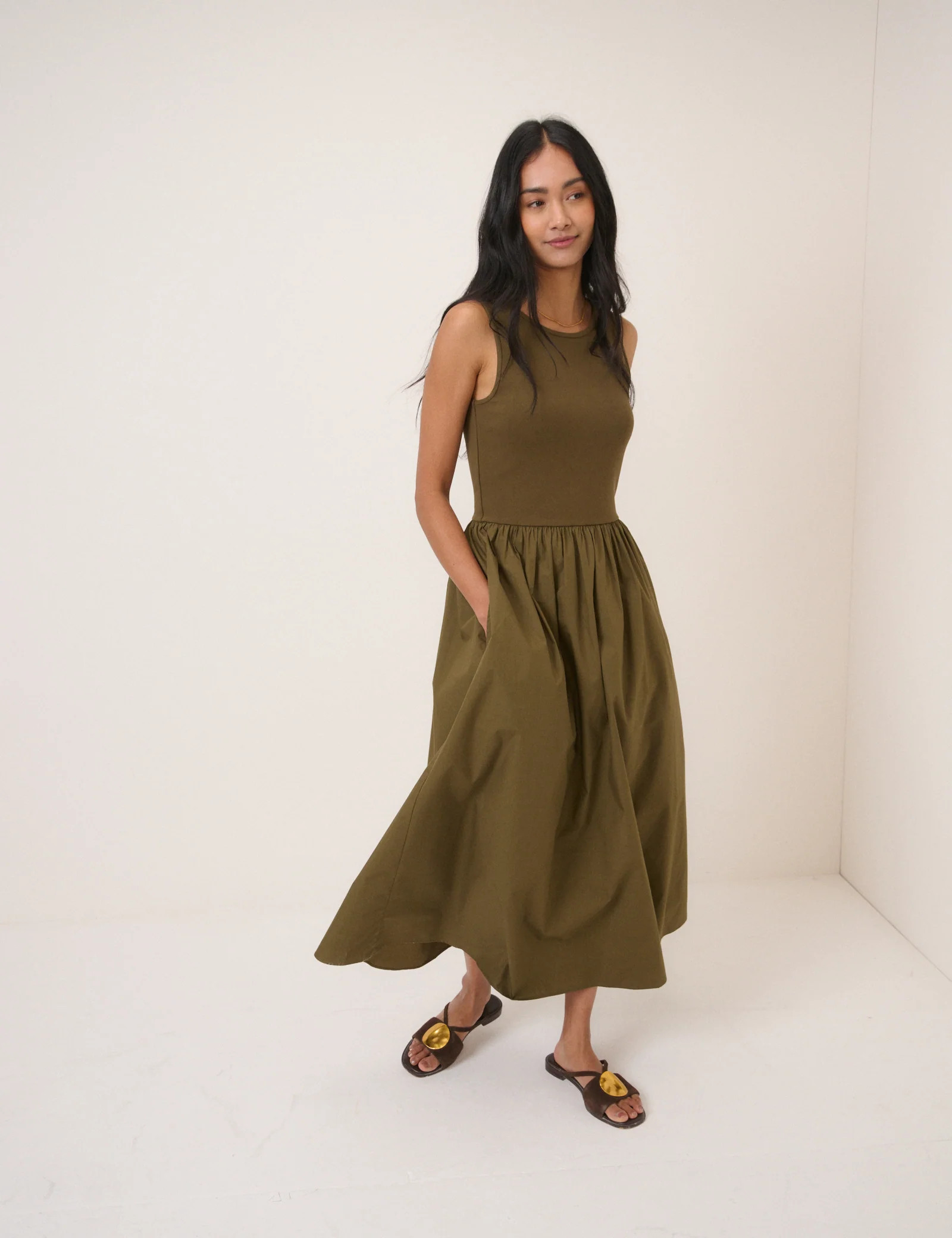 Khaki Sleeveless Vera Midi Dress | Nobody's Child