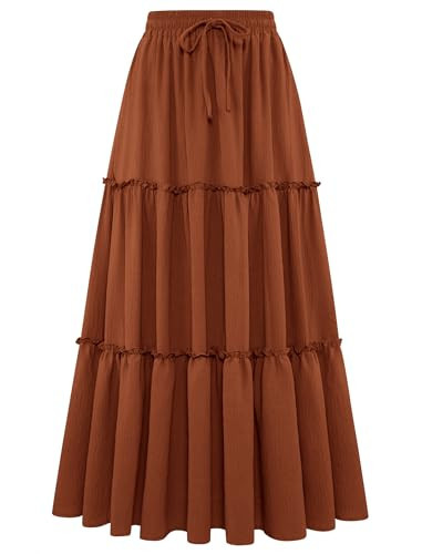 Arolina Maxi Skirt for Women Fall Flowy Boho Long Skirt Medieval Renaissance Skirts Tiered Swing Flared Skirt Earthy Brown S | Amazon (US)
