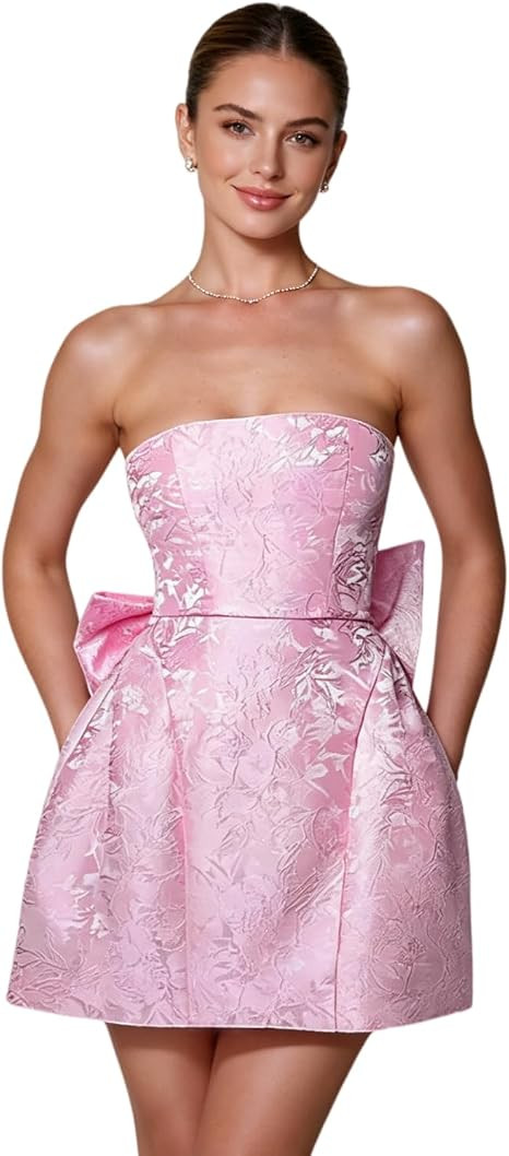 JUMISEE Embroidery Satin Homecoming Dress with Bow Modest Strapless Mini Dresses A Line Short Pro... | Amazon (US)