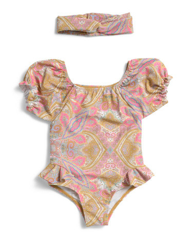 Toddler Girls Puff Sleeve One-piece Swimsuit With Headband | TJ Maxx
