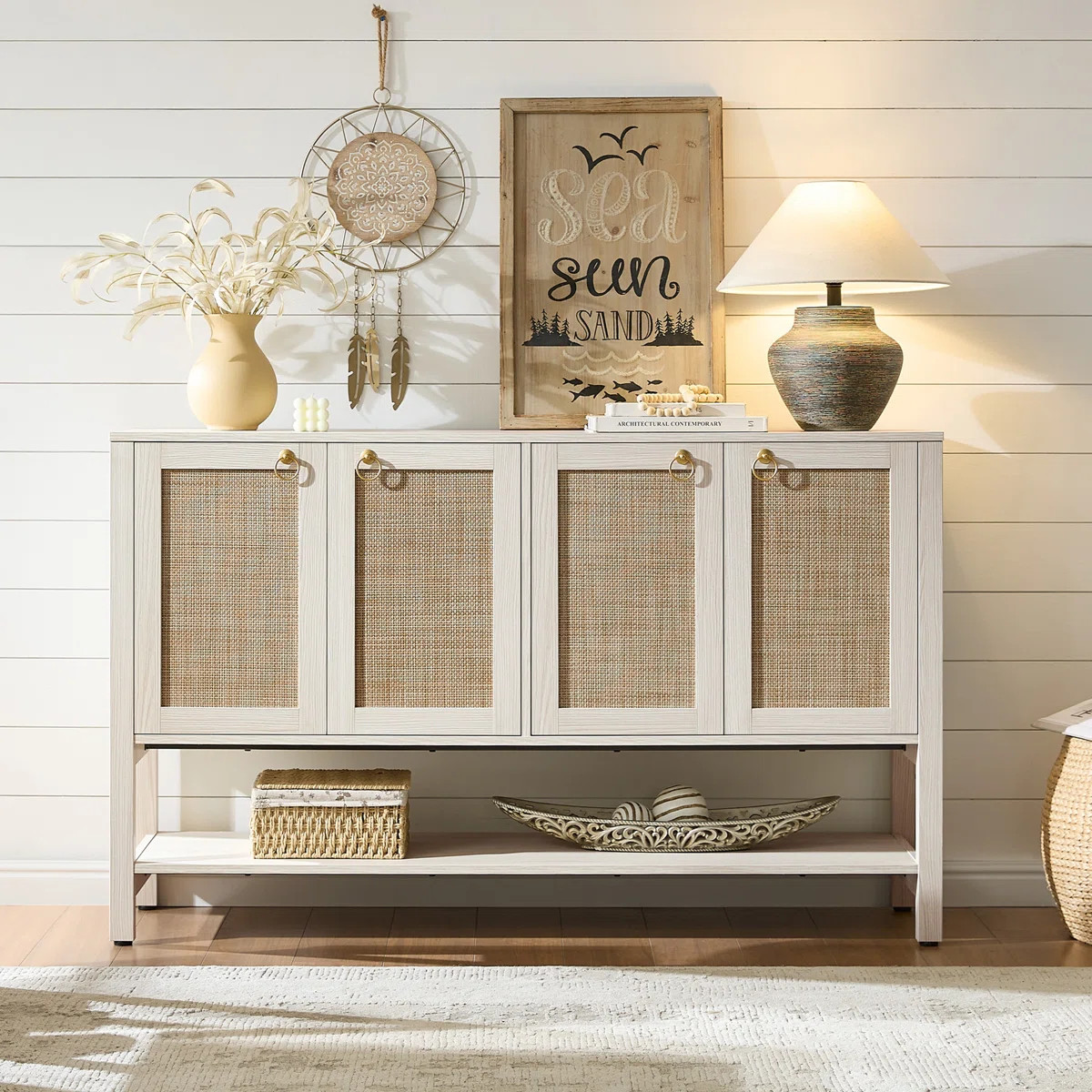 Rattan Sideboard Buffet Cabinet – 4-Door Storage with Adjustable Shelves, Boho Console for Kitc... | Wayfair North America