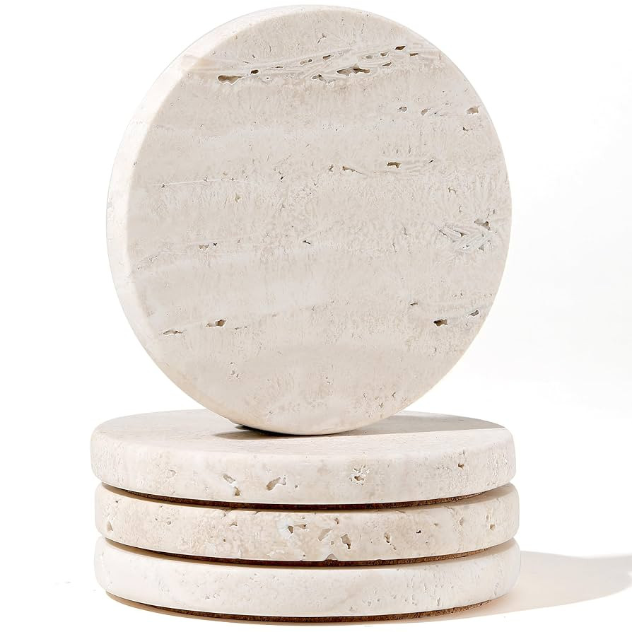 White Travertine Coasters - Set of 4 Round 4” Diameter Drink Marble Coasters for Housewarming G... | Amazon (US)
