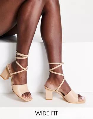 RAID Wide Fit Naya tie ankle mid heeled sandals in beige | ASOS (Global)